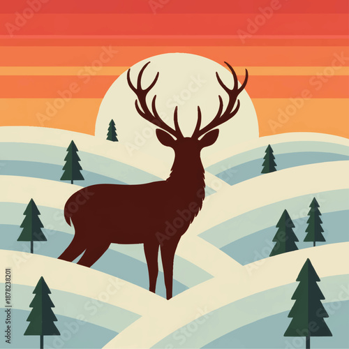 Majestic deer silhouette at sunrise in winter landscape, minimalist flat design forest hills background for holiday and nature themes