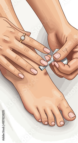 Woman Applying Nail Polish to Toes and Fingers Neutral Background