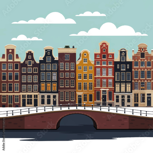 Colorful Amsterdam canal houses and bridge illustration, Dutch architecture skyline with winter snow, flat vector cityscape art