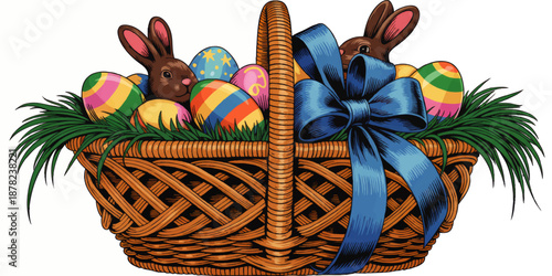 Colorful Easter basket illustration with chocolate bunnies, decorated eggs, green grass and big blue ribbon, festive holiday vector art