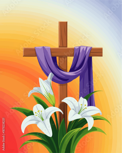 Christian Easter cross with purple cloth and white lilies on sunrise gradient background, religious resurrection illustration