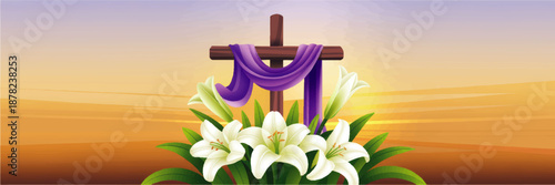 Wooden cross with purple cloth and white Easter lilies at sunrise, Christian resurrection background, religious spring illustration