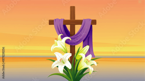 Easter cross with purple cloth and blooming lilies at sunset, Christian resurrection background, religious spring illustration