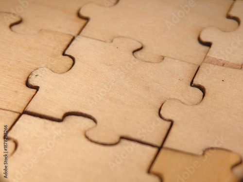 The image shows a close-up of connected wooden jigsaw puzzle pieces