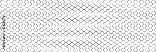 Fishing or soccer net. Repeated hexagon pattern. Black wired mesh texture isolated on white background. Metallic or fabric fence, cage or lattice structure. Vector graphic Illustration.