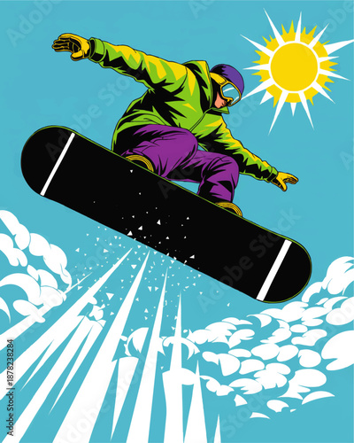 Extreme snowboarder jump illustration in bright pop art style with sun, dynamic clouds and black board on blue sky background