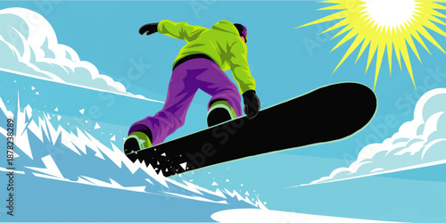 Extreme snowboard jump in sunny winter mountains, freestyle rider in bright neon gear, dynamic snow spray illustration background
