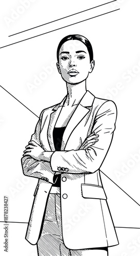 Woman Business Professional In Suit Arms Crossed Black And White Minimalist Vector Art