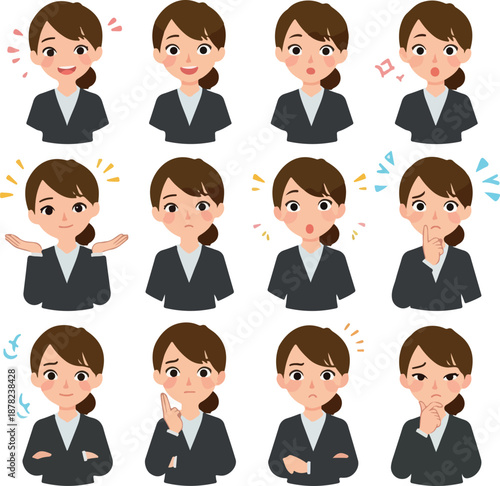Woman Business Expressions Icon Set Flat Design White Background Vector
