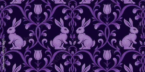 Purple rabbit damask seamless pattern with floral tulip ornaments on dark background, whimsical vintage animal wallpaper design