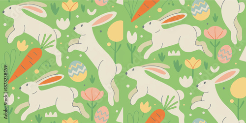 Seamless Easter bunny pattern with spring flowers, carrots and decorated eggs on green background, cute pastel rabbit illustration