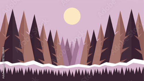 Minimalist winter forest landscape with purple sunset sky, flat geometric pine trees and snow, tranquil nature background illustration