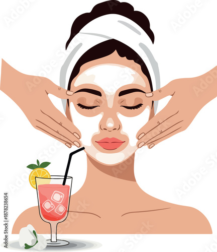 Woman Face Mask Relaxation Pink Drink Minimalist Flat Illustration Style