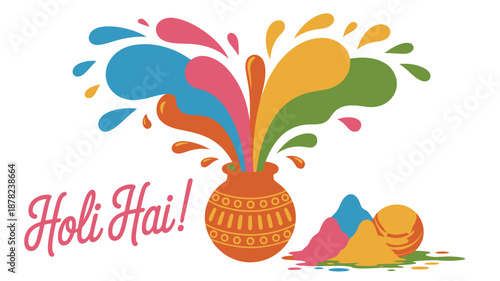 An ornate pot bursts with lively color splashes, surrounded by colorful powder piles, celebrating Holi Hai