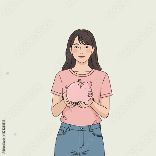 Woman Holding Pink Piggy Bank Minimalist Vector Illustration