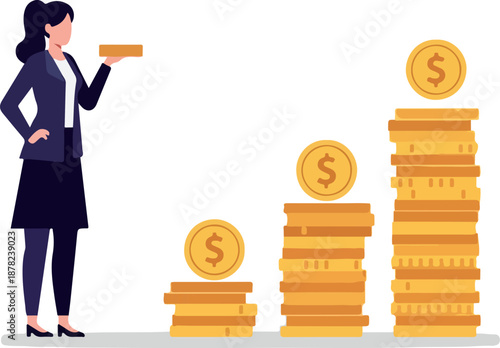 Woman In Business Suit Adding Coins To Growing Money Stack