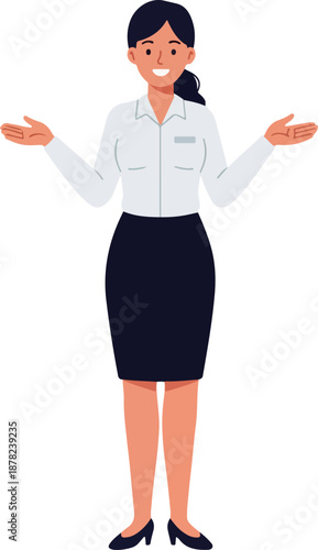 Woman in White Shirt and Black Skirt Welcoming Gesturing Flat Design Isolated Vector