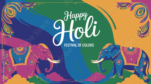 Decorated elephants stand proudly for a colorful Happy Holi festival of celebration