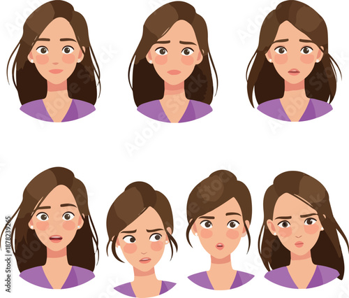 Woman Portrait Set Different Emotions Flat Design Purple Top Isolated