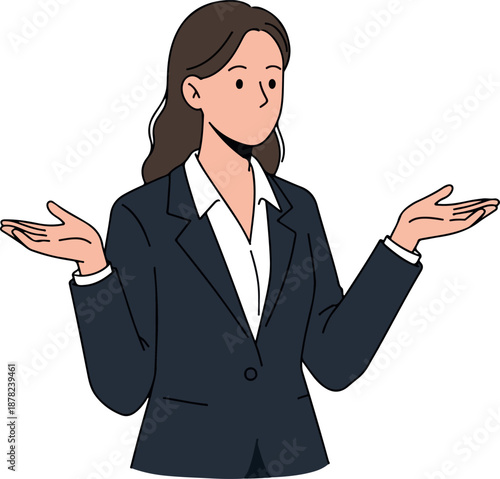 Woman Shrugging in a Navy Blue Business Suit Isolated on White