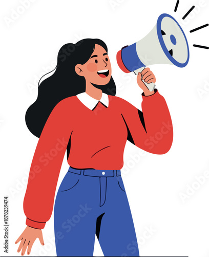 Woman Speaking Megaphone Announcing News Flat Design Illustration