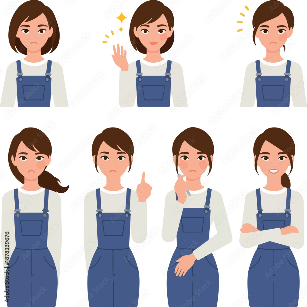 Fototapeta premium Woman Various Expresssions Flat Design Vector Illustrations Set