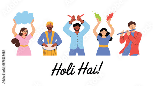 Diverse group of people joyfully celebrating Holi with colors, music, and festive enthusiasm