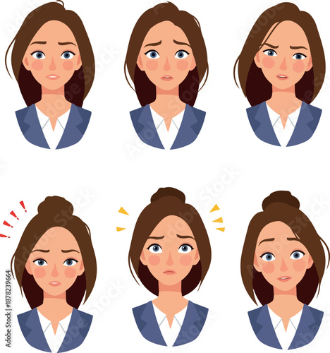 Woman Various Emotions Business Suit Flat Vector Isolated Icons