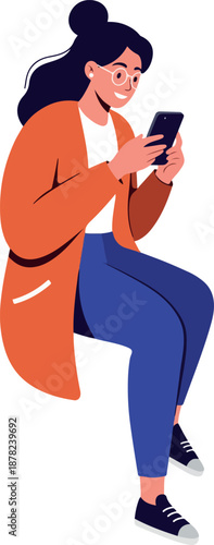Woman With Dark Hair Wearing Orange Cardigan And Blue Jeans Using Smartphone