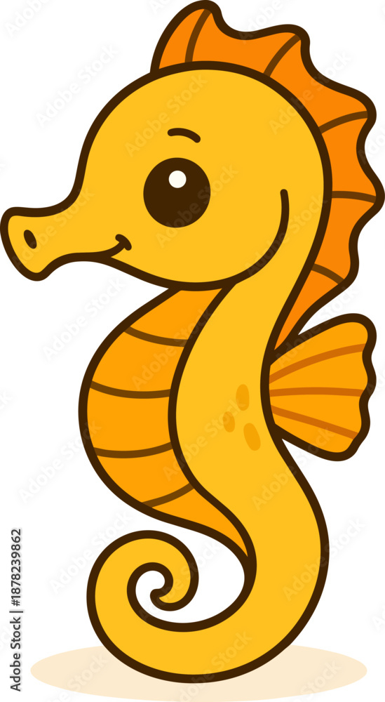 Fototapeta premium A cute cartoon illustration of a yellow seahorse with a friendly expression and playful design. This adorable marine animal design captures the charm of the seahorse in a kawaii, colorful style