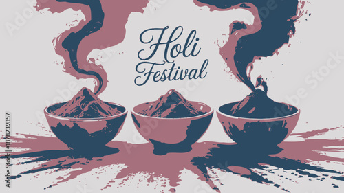 Dynamic illustration depicting three bowls of vibrant Holi powder bursting upwards with energy