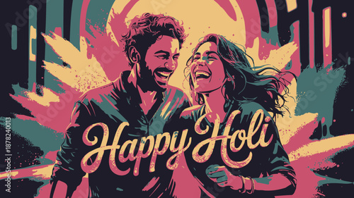 Energetic Indian couple joyfully celebrates Holi with vibrant paint splashes and a bold festive message