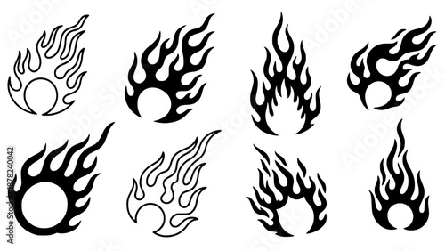 set of vintage flames tattoo design, fire template design.