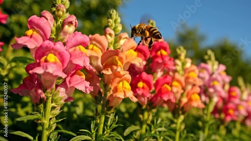 Honey bee collecting pollen from colorful snapdragon flowers in summer garden. Flying insect and vibrant blossom, pollination, nature, wildlife.
