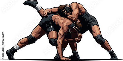 Wrestlers Fighting in Black Singlets and Knee Pads Action Pose