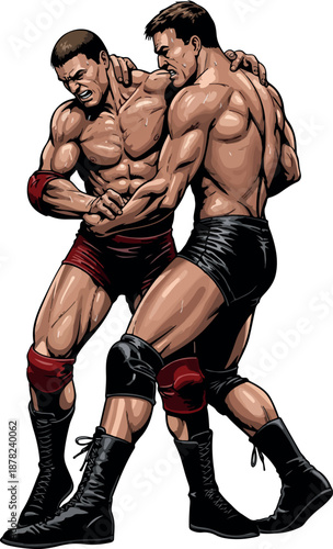 Wrestlers Grappling In Red And Black Wrestling Outfits On White Background