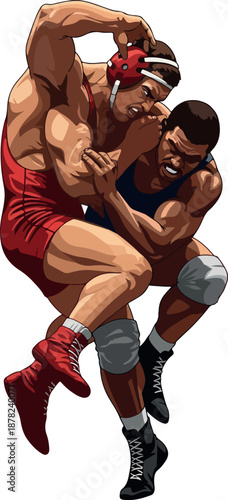 Wrestlers Locked In Intense Red And Blue Match With Detailed Muscle Definition