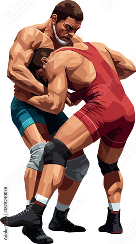 Wrestlers Grapple in Red and Blue Singlets Dynamic Sport Illustration