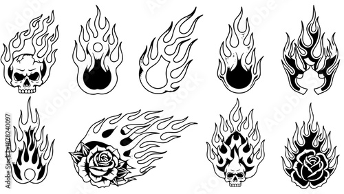 set of vintage flames tattoo design, fire template design.