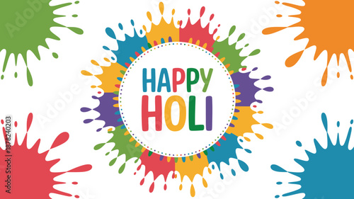 Festive Happy Holi message encapsulated by a lively ring of various colorful paint splatters