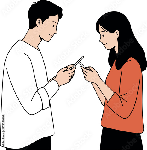 Young Couple Holding Phones Together White Background Flat Illustration