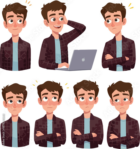 Young Man Expression Set With Laptop Flat Design Illustration