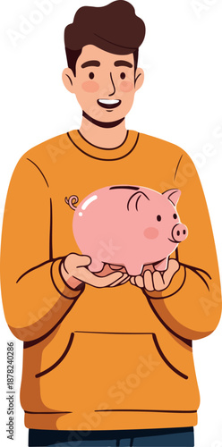 Young Man Holding Pink Piggy Bank Savings Concept Flat Illustration