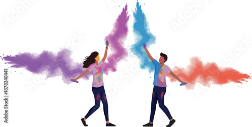 Young People Celebrate Holi Festival With Colorful Powder Bursts