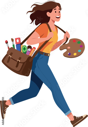 Young Woman Artist Running With Art Supplies And Palette