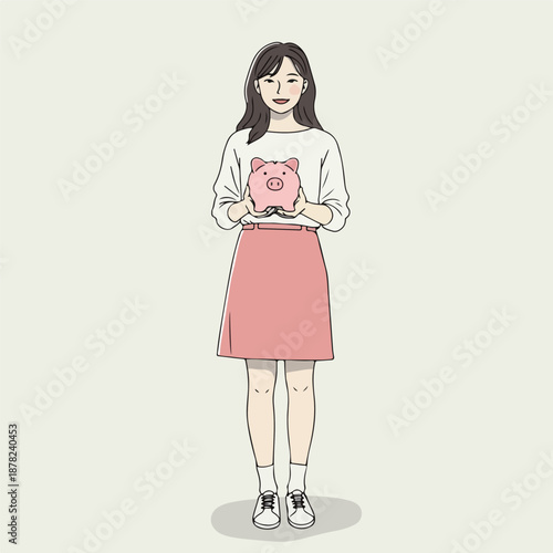 Young Woman Holding Piggy Bank Flat Vector Illustration