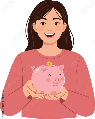 Young Woman Holding Pink Piggy Bank with Gold Coin