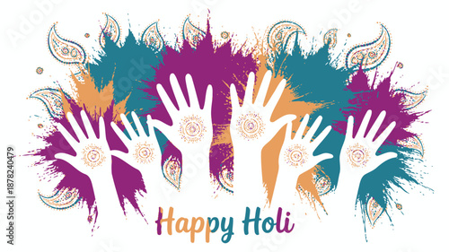 Five hands with intricate mehndi patterns appear against grunge color splashes and subtle paisley motifs