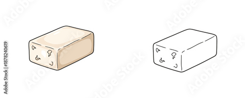 Cream cheese block in cartoon and line art style using soft white and beige colors representing smooth dairy spread product for cooking isolated on white background