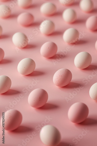 ピンク背景に白とピンクのイースターエッグ模様が並ぶ縦型パターン背景素材. 生成AI
